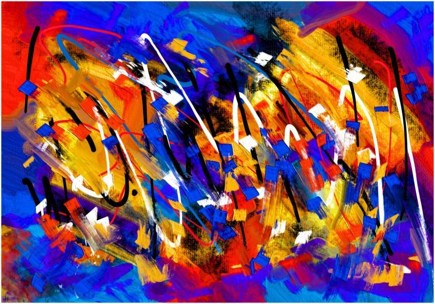 Dynamic abstract acrylic painting with bold colors