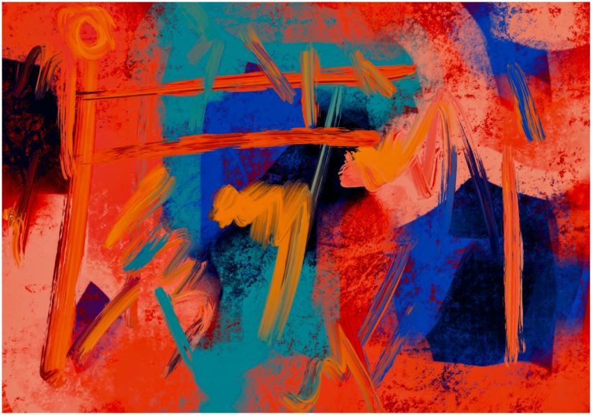 Dynamic abstract painting with vivid colors and bo