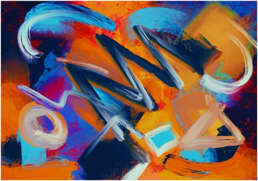 Dynamic abstract painting with bold colors and bru
