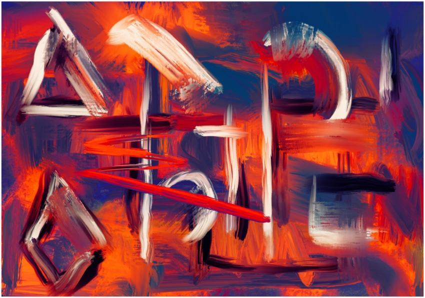Dynamic abstract painting featuring bold colors an