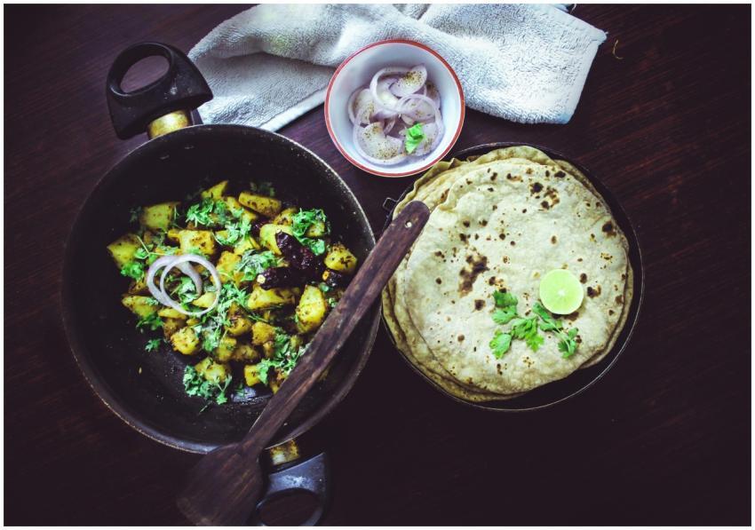 Bangalore-style home-cooked meal featuring roti, a