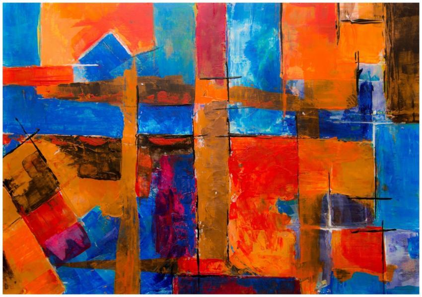 Dynamic abstract painting with bold colors and geo