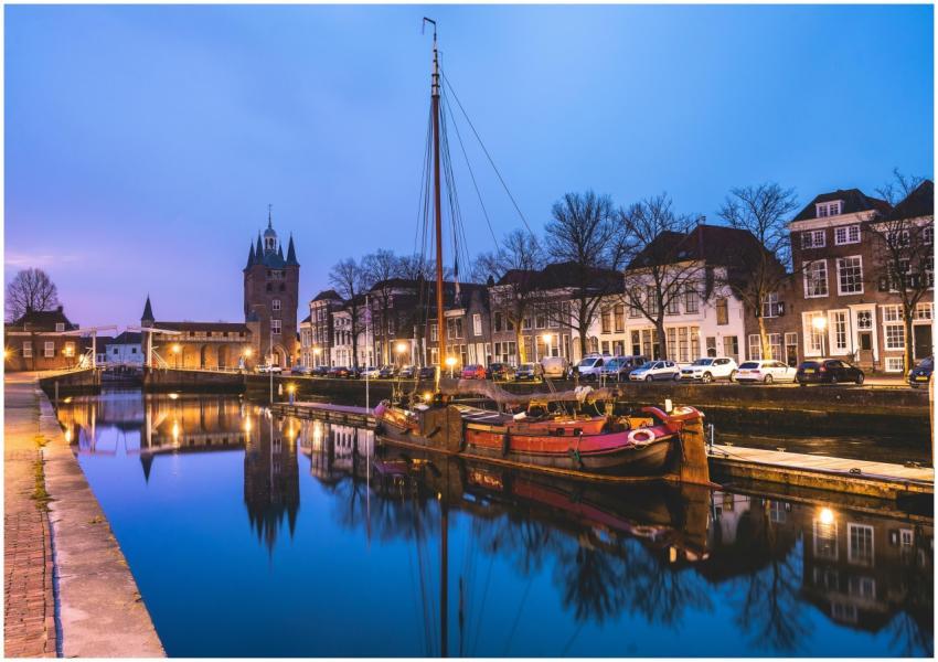 Evening view of the Zierikzee canal with a boat an