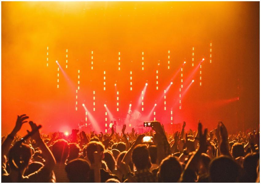 Energetic crowd at a live concert with bright stag