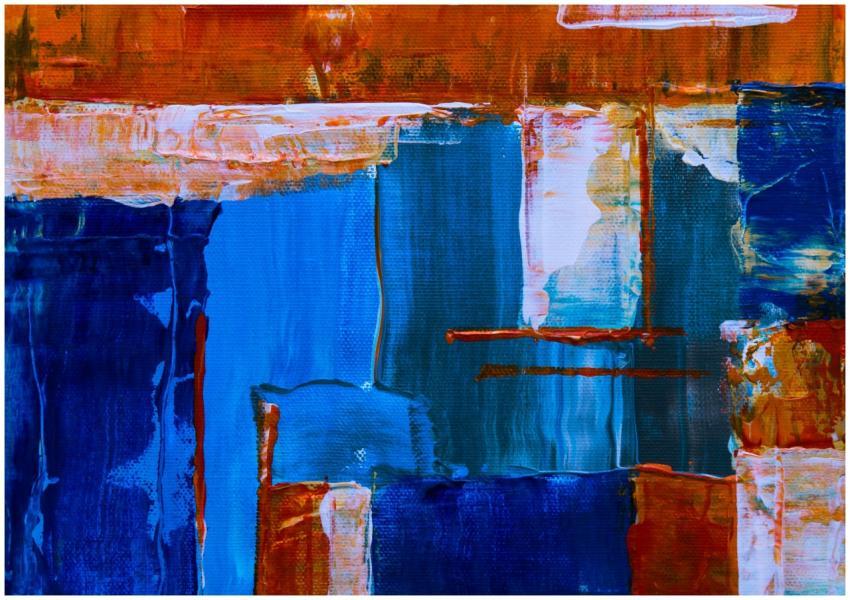 Dynamic abstract painting with bold blue and orang