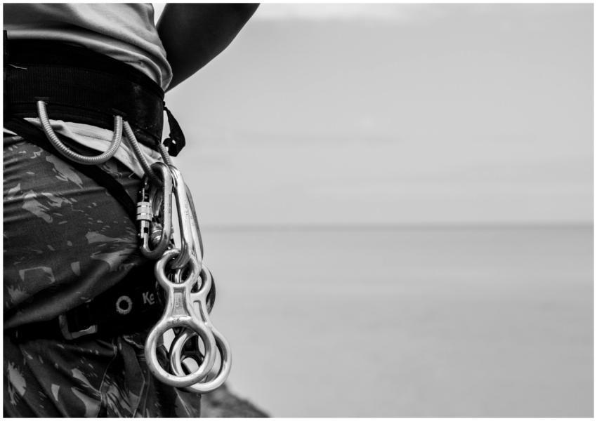 Black and white photo of climber's gear in Barra d