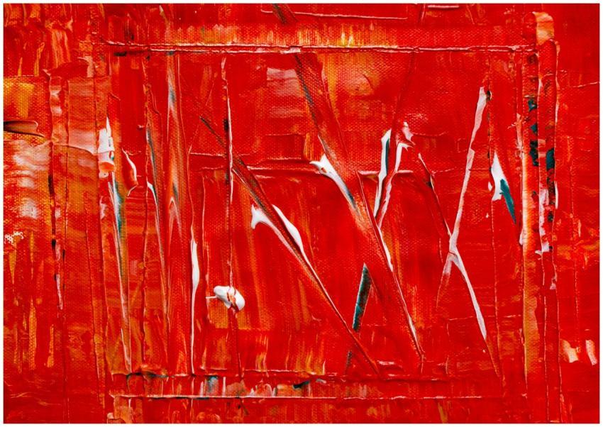 Dynamic abstract acrylic painting with rich red te