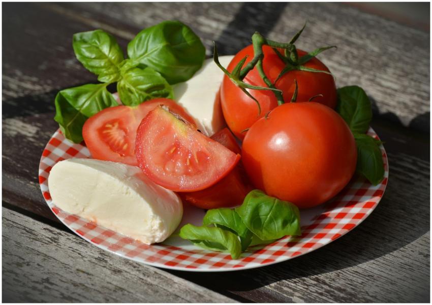 A delicious plate of fresh Caprese salad with mozz