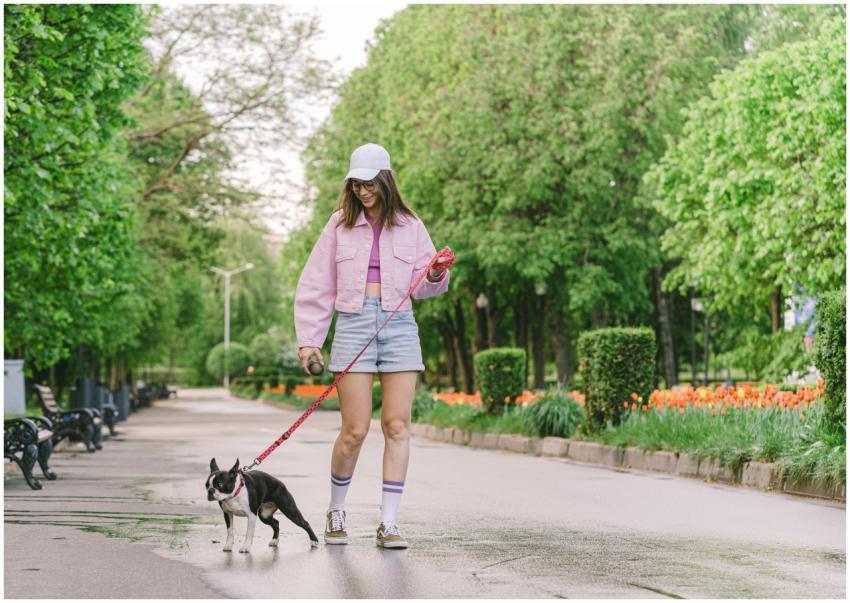 A woman in casual attire walks her Boston Terrier