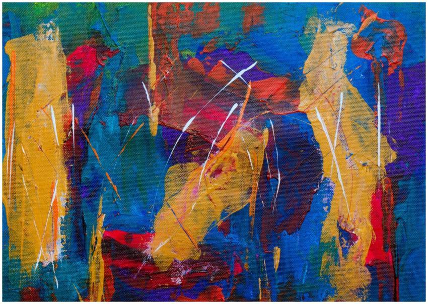 Dynamic abstract artwork featuring bold colors and