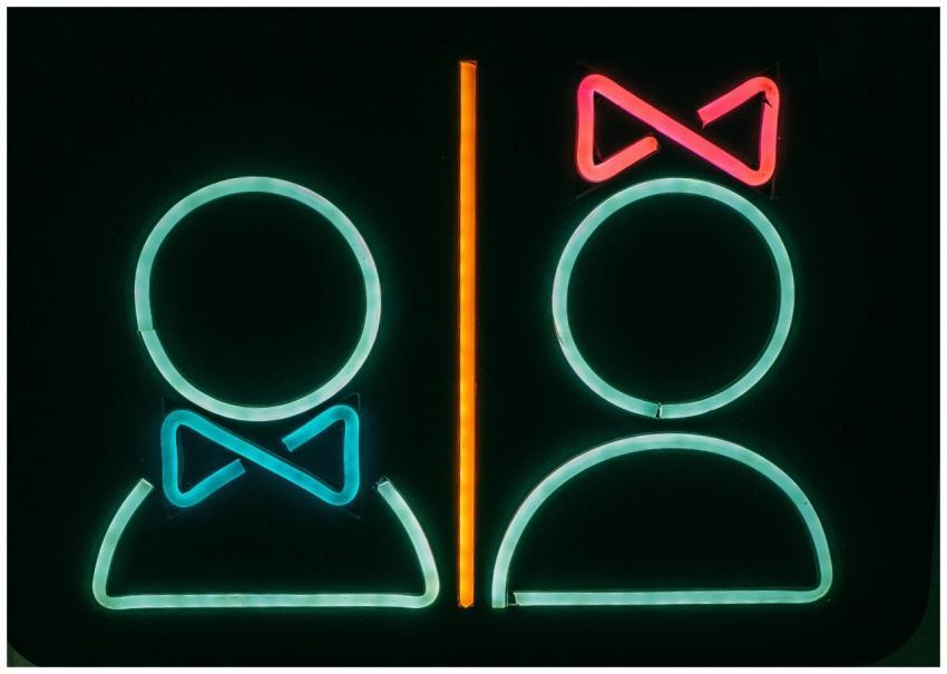 Bright neon bathroom sign with male and female sym