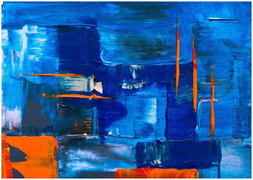 Dynamic abstract artwork featuring bold blue and o