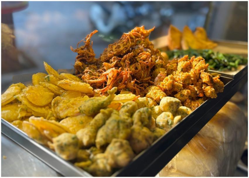 A vibrant display of assorted Indian street food s