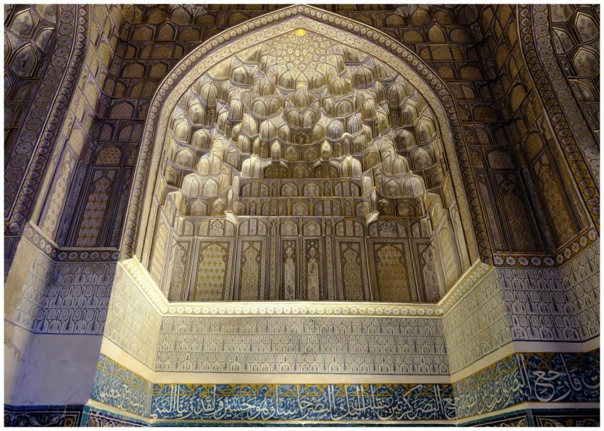 Close-up of ornate Islamic architecture featuring