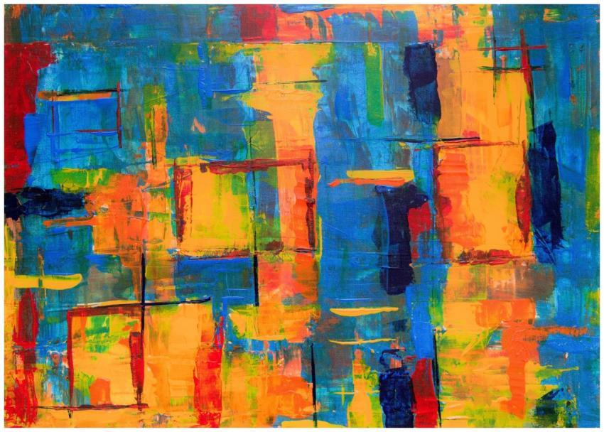 Dynamic acrylic painting with vibrant colors and e