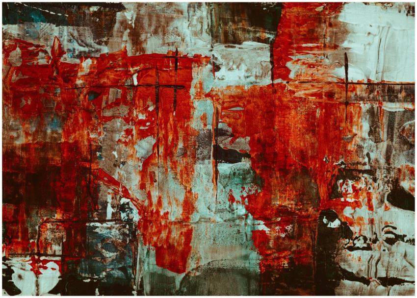 Dynamic abstract artwork with bold red, white, and