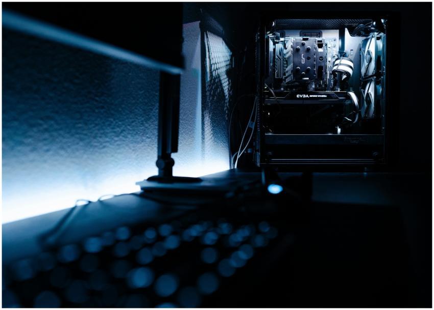 Dark, atmospheric shot of a high-end gaming PC set