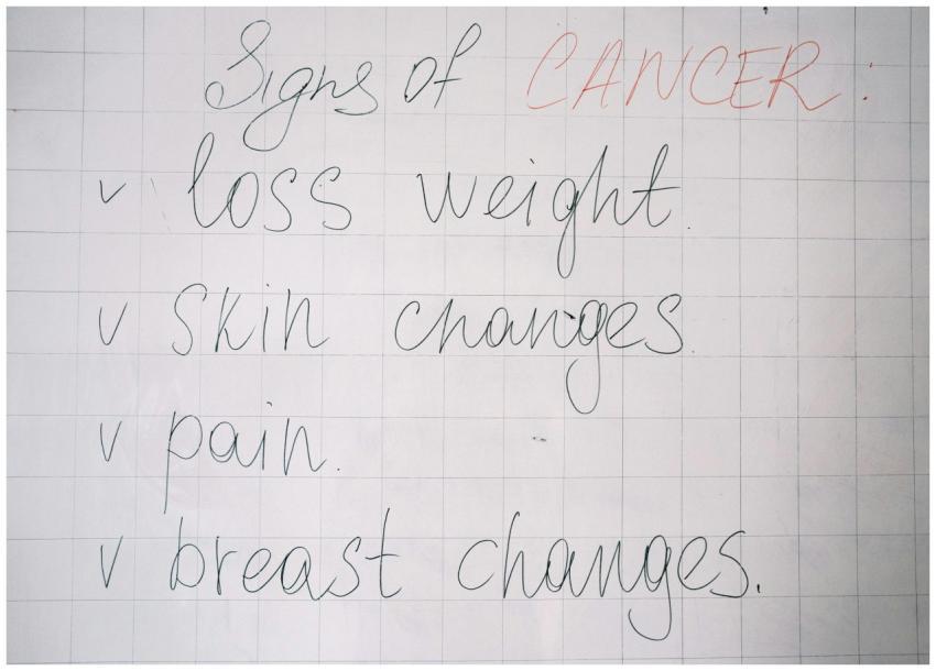 List of cancer symptoms handwritten on a whiteboar