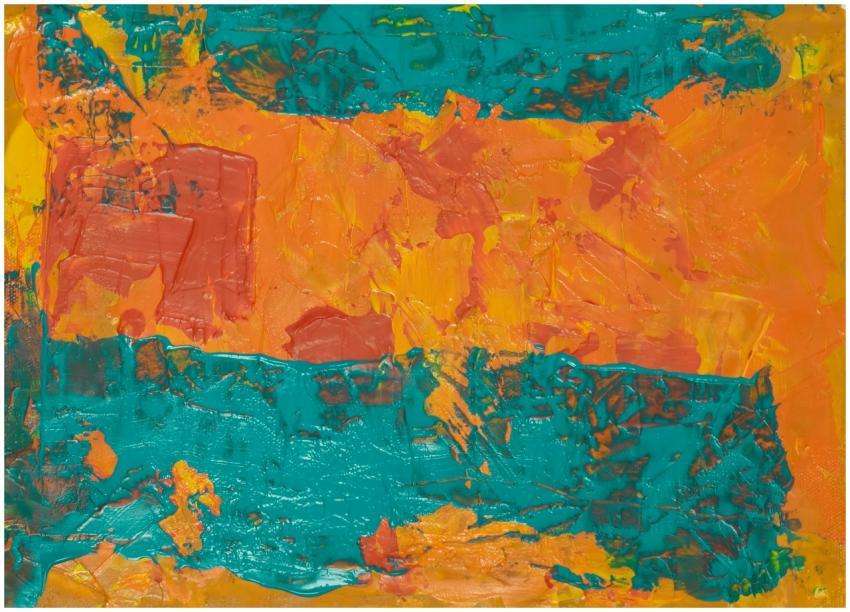 Bold abstract painting with vivid orange and teal