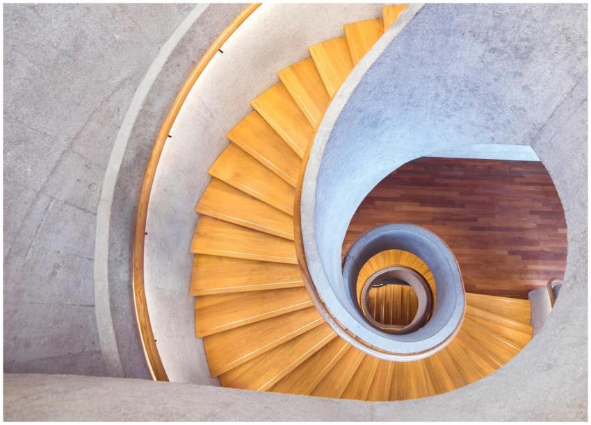 Aerial view of a stylish spiral staircase with woo