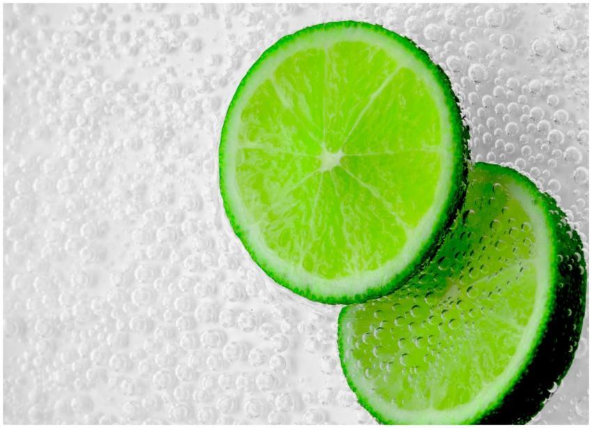 Close-up of lime slices in sparkling water showcas