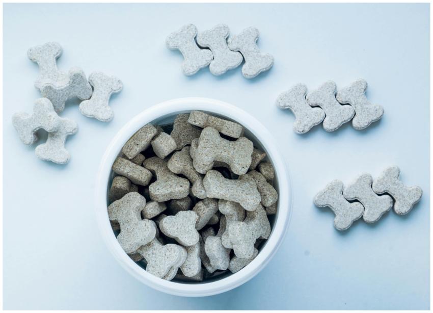 Top view of bone-shaped dog treats in a white bowl