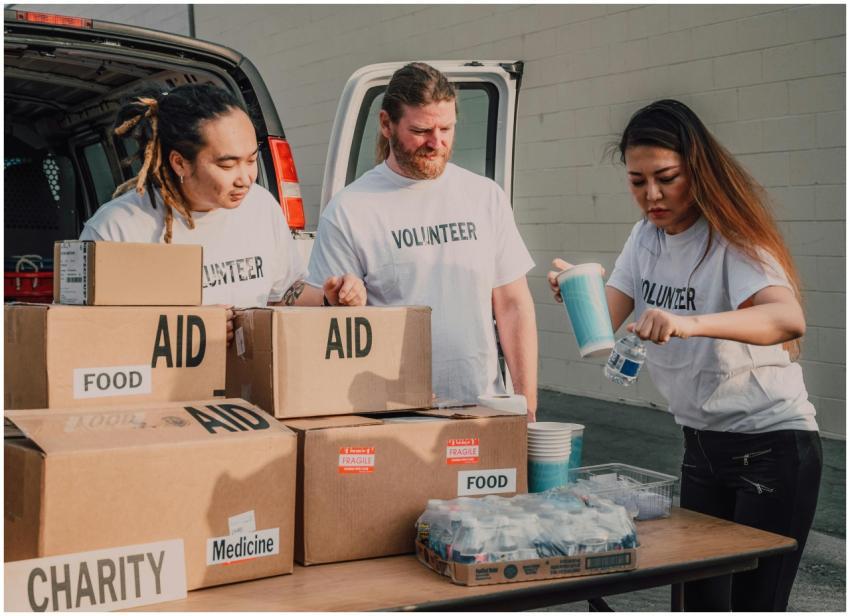 Volunteers sort aid and food boxes for a charity d