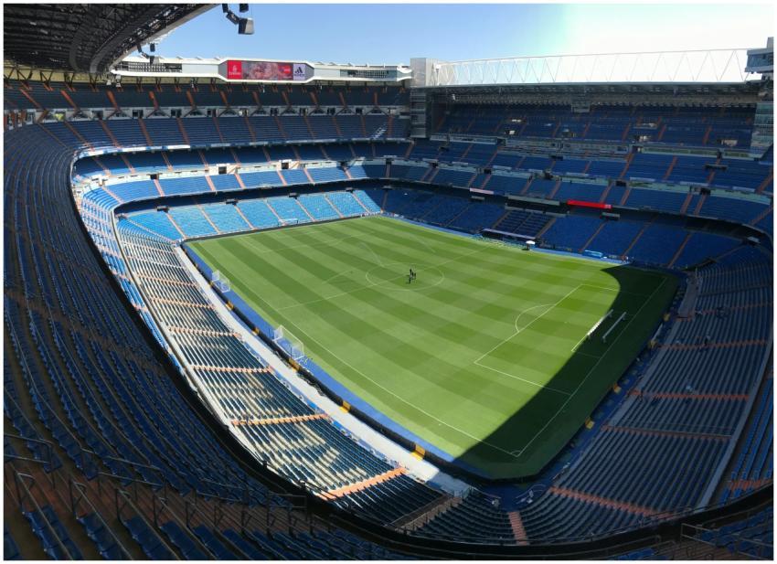High-angle view of the empty Santiago Bernabeu Sta