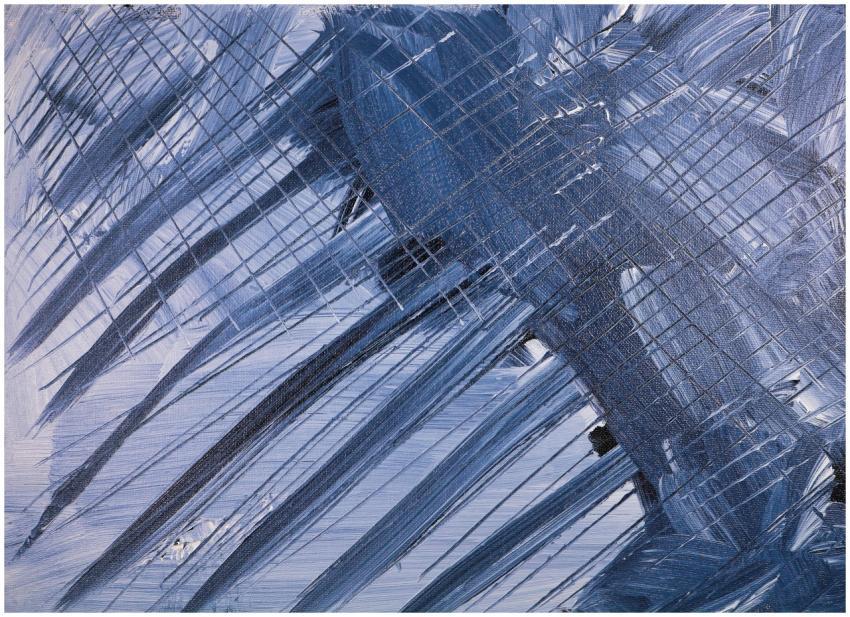 Modern abstract painting with bold blue brushstrok