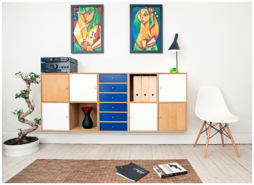 Contemporary room design featuring colorful artwor