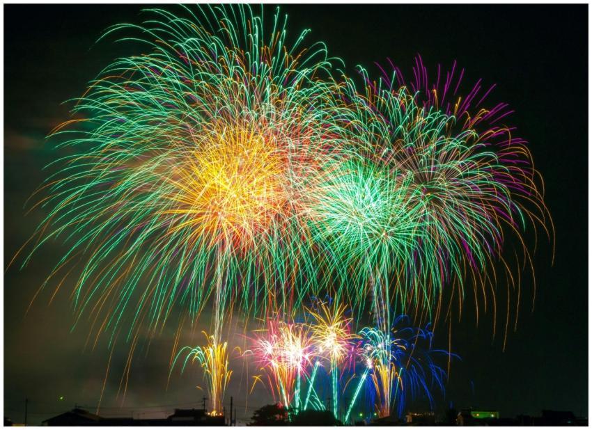 Bright and colorful fireworks explode against a da