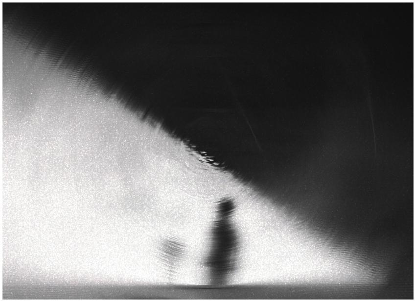 Blurred silhouette against a dramatic black and wh