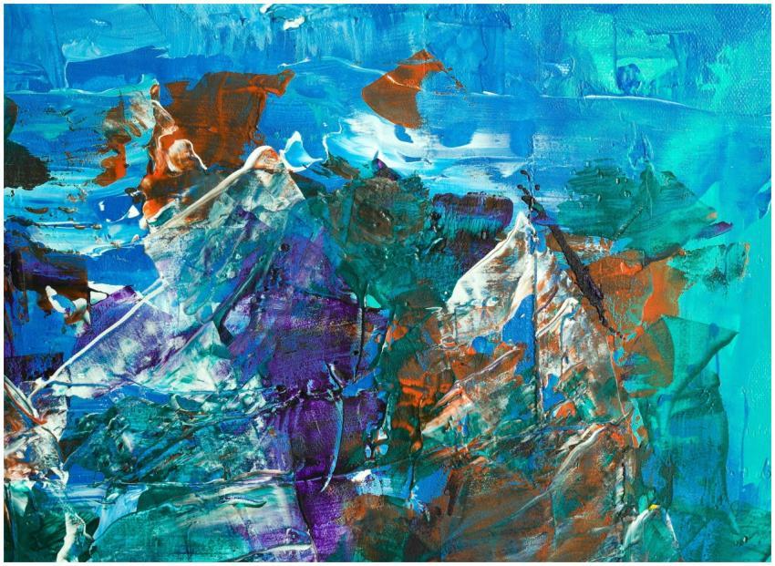 Colorful abstract painting with bold blues, greens