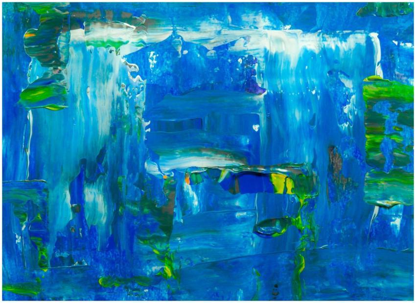 Dynamic abstract painting with vibrant blue and gr