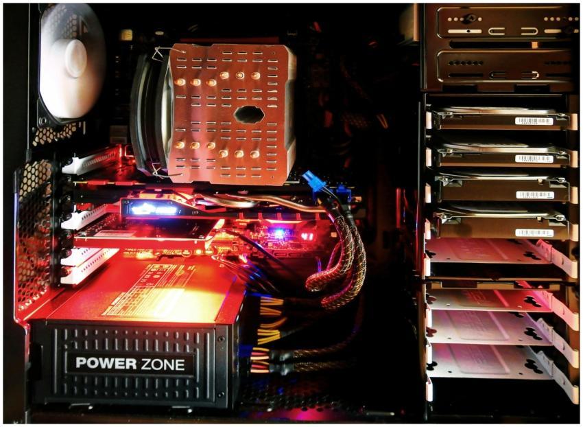 Close-up of a custom gaming PC with RGB lighting,