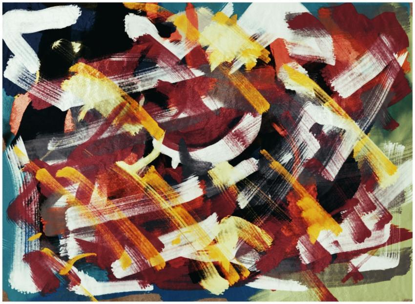 Dynamic abstract painting featuring bold, vibrant