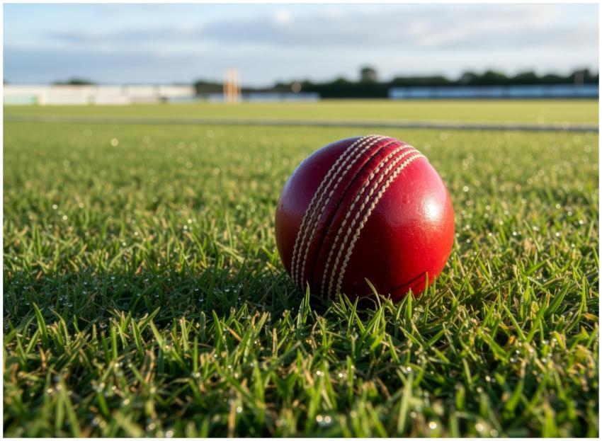 Close-up of a vibrant red cricket ball on a grass