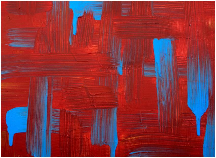 Dynamic abstract painting with red and blue brushs