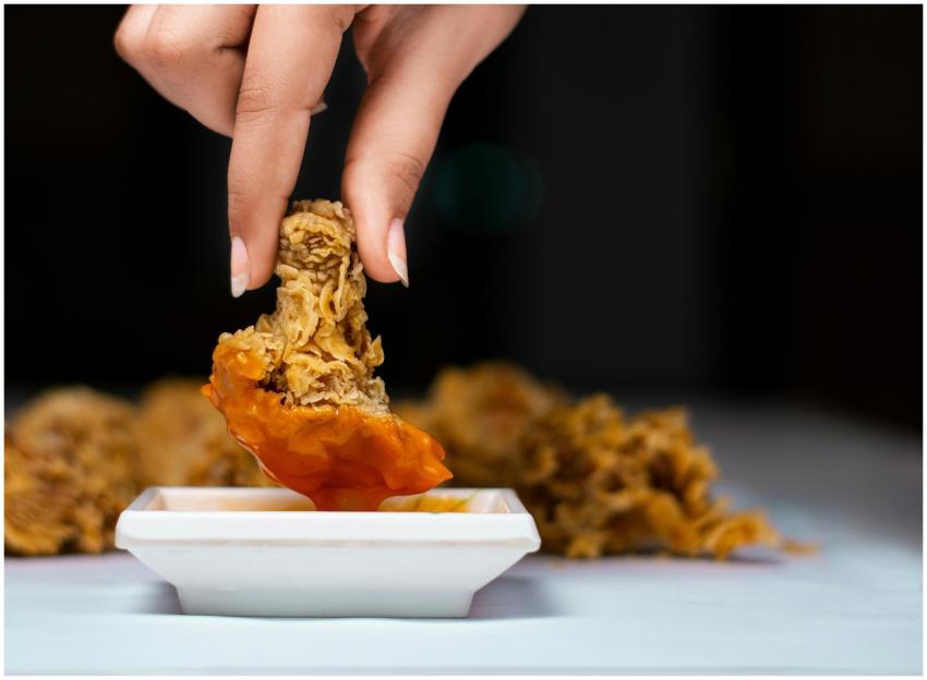 Close-up of crispy fried chicken being dipped in o
