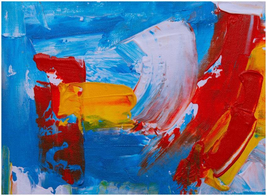 Colorful abstract artwork featuring bold red, blue