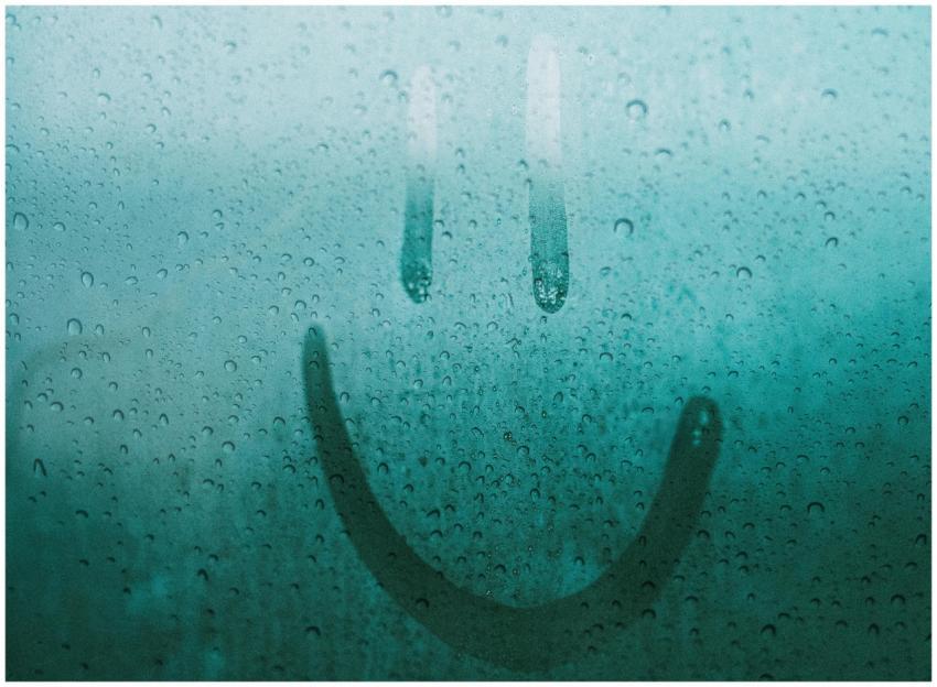 A smiley face drawn on a wet window, featuring wat