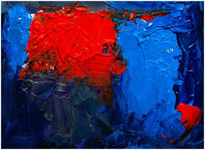 Dynamic abstract painting featuring vivid red and