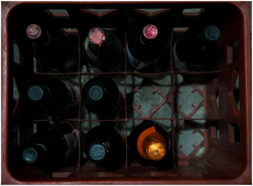 Overhead shot of assorted wine bottles in a red pl