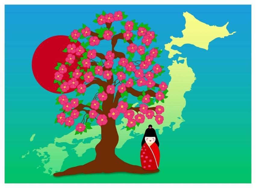 Cherry Blossoms Tree Japan Map Kimono