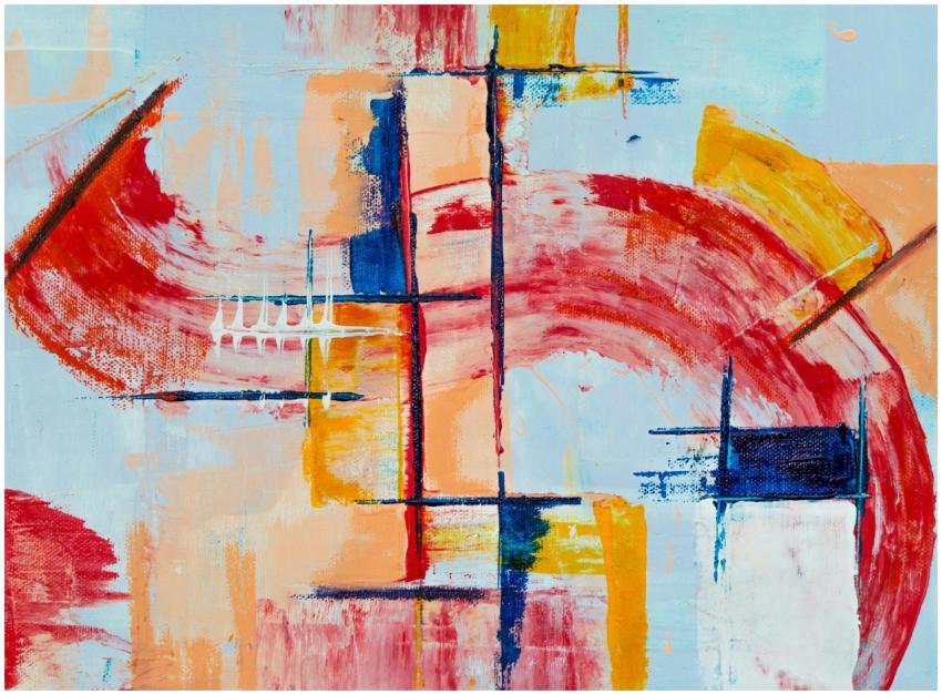 Energetic abstract painting featuring vibrant reds