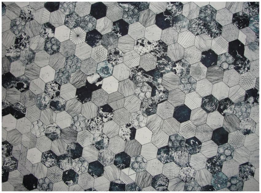 Abstract black and white hexagonal pattern with te