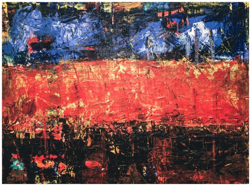 Bold abstract painting with rich textures and colo