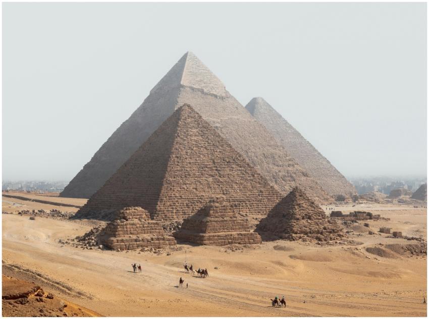 Panoramic view of the Giza Pyramids with camels in