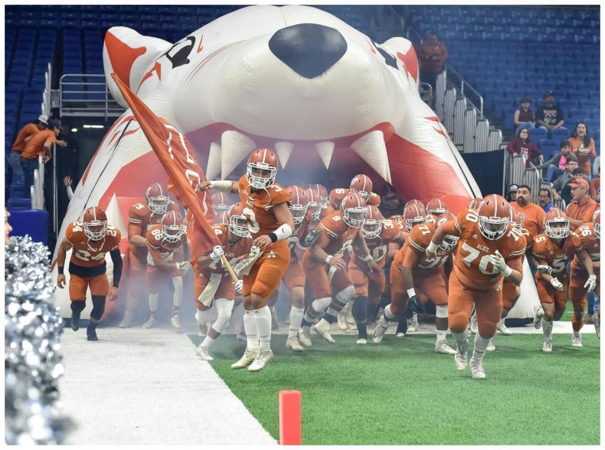 A dynamic scene of an American football team enter