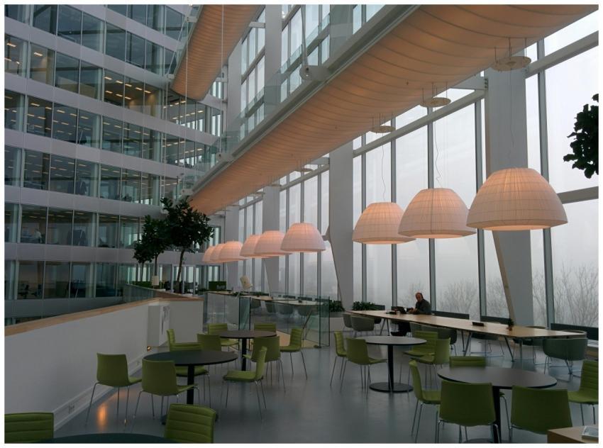 Contemporary office interior with large windows an